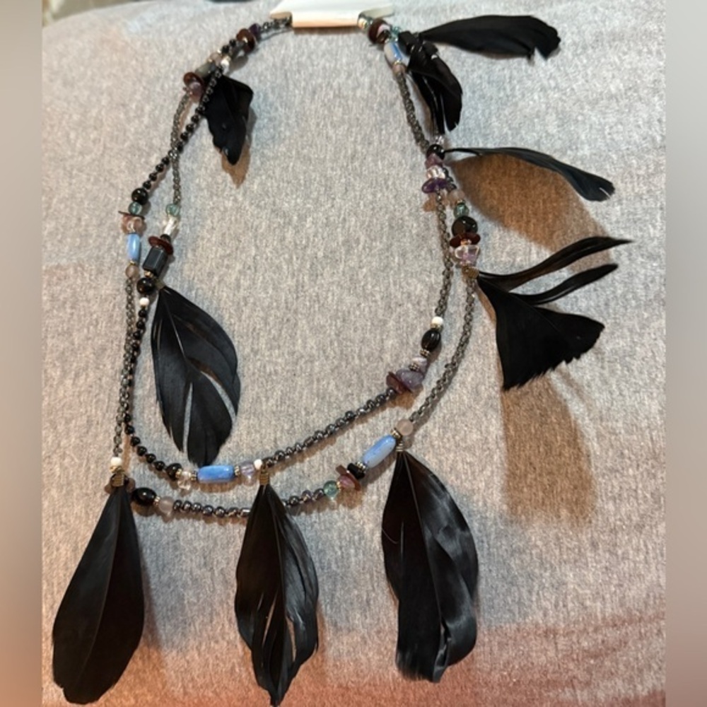 Black Feather Beaded Necklace NWT
